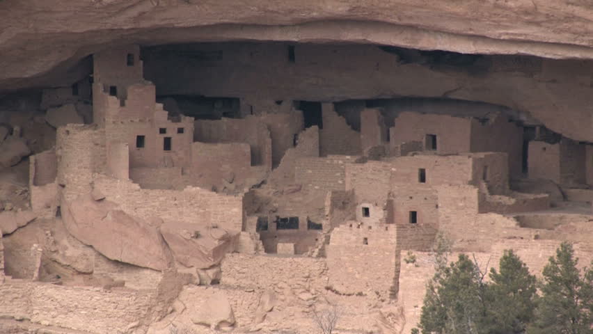 Mesa Verde National park southern Colorado. Cliff Palace ruins. Ancient Pueblo buildings. Overhanging rock.  High elevation plateau.  Historic Native American homeland and heritage. 
