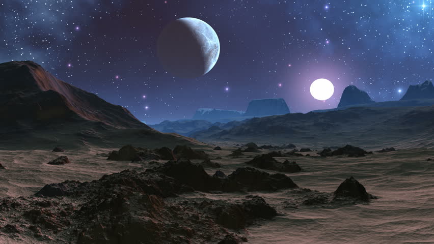 In the night sky bright stars, flicker nebulas. The major blue planet and a bright being shone white planet hang over a fantastic landscape. The camera flies over hills and low mountains, rising up.
