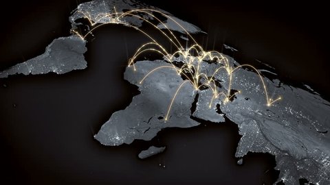Growing global network across the world map. Internet and business concept. Orange version. 4K 
