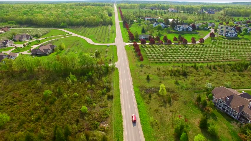 Aerial view of Scenic Egg Harbor Wisconsin, cherry trees blossoming.
