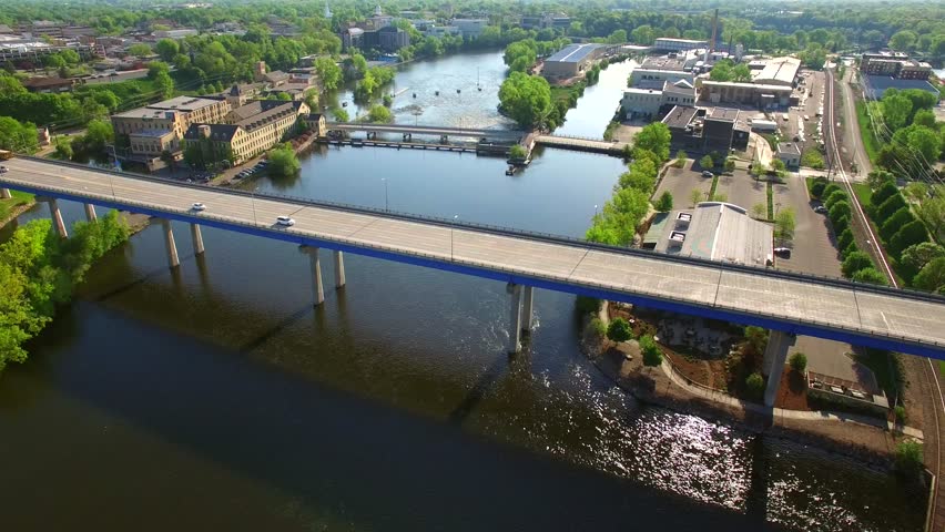 Aerial view of scenic Fox River on a springtime morning, Appleton, Wisconsin.
