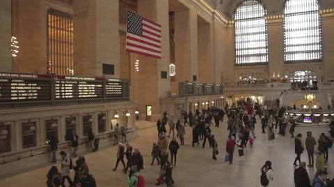 Establishing shot panning left to right of Grand Central Station in New York City. New York City, New York - USA: July, 2015