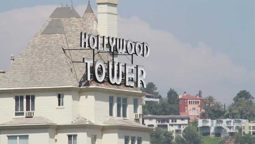 Hollywood Tower Close Up Shot. "Shot from a distance, close up on the ""Hollywood Tower"" sign.
