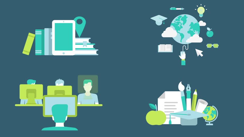 Education and e-learning in out animated flat design icons set.