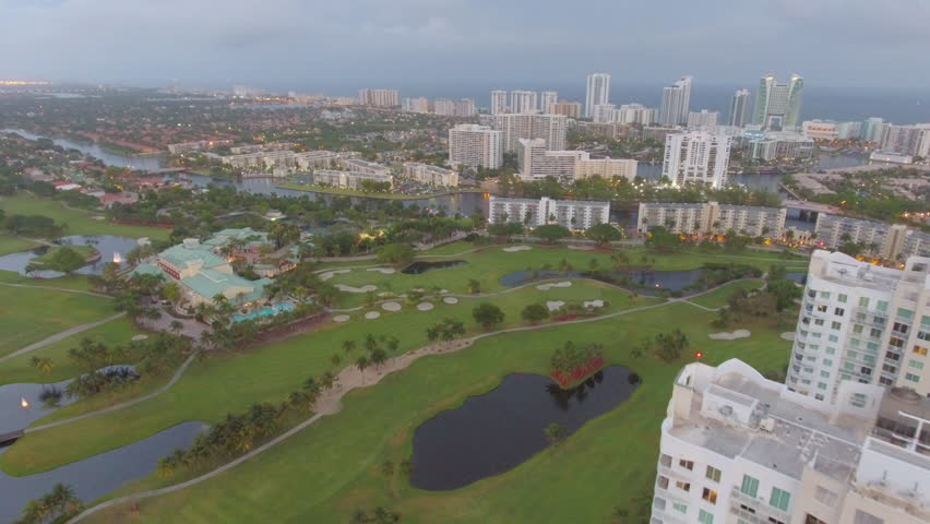 Aerial video of Hallandale FL shot at dusk