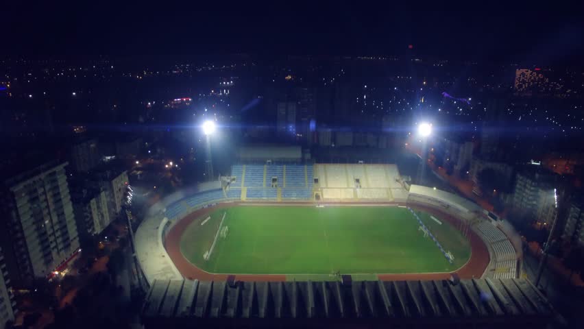 Aerial Night view of an Empty Stadium with lights on