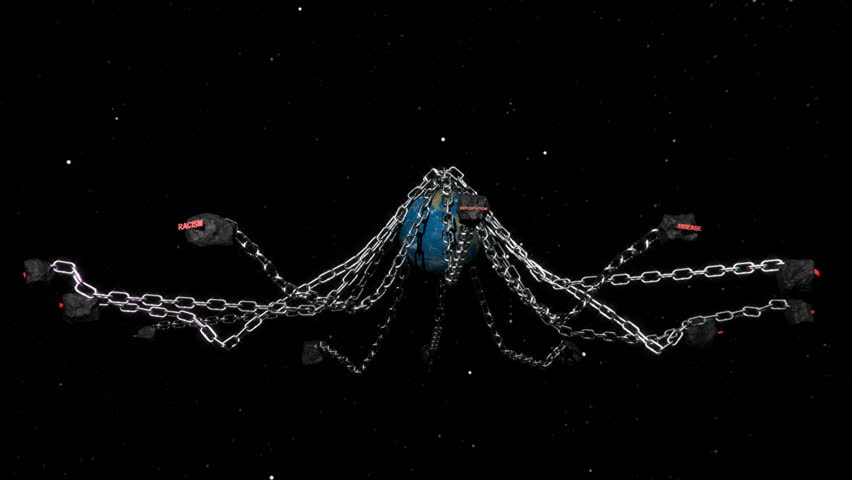 Earth with chains highlighting humanities problems, exploitation