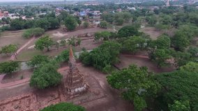 Aerial video above the temple in old city of Ayuttaya, Bangkok, Thailand.