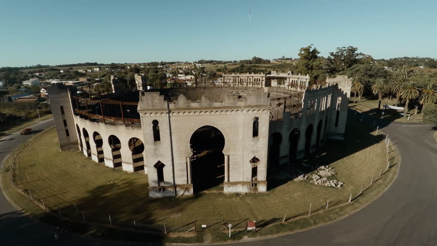 Uruguay - March 16, 2015: Aerial view of Plaza de toros Real de San Carlos, an abandoned bullring in Colonia del Sacramento, Uruguay