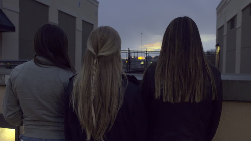 Group Of Teens Watch The Sunset, Girl In Middle Puts Her Arms Around Friends