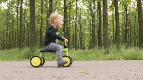Dolly shot of little boy riding small bike without pedals on road in the park. Happy child on bicycle having fun outdoors in park. Active kid playing, cycling and spending family time.