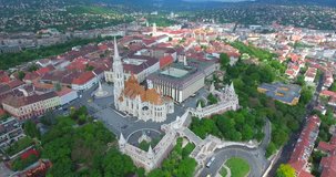 Budapest, Hungary - May 12, 2016: aerial footage from a drone shows the famous Matthias church located in the Hungarian castle, in Budapest.