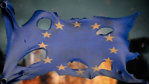 apocalyptic ragged flag of Europe. Realistic 3d animation on wind