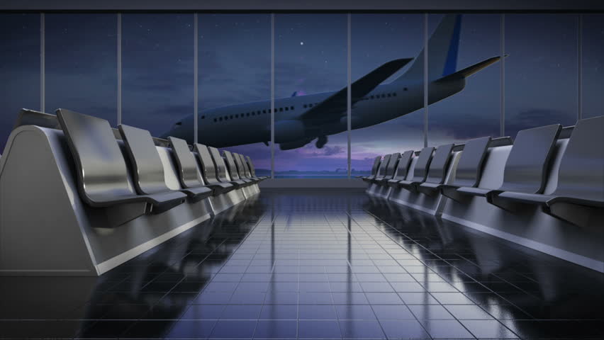 Arrival airplane in flight waiting hall. night. moving camera.3D illustration,3D rendering. | Shutterstock HD Video #16896076