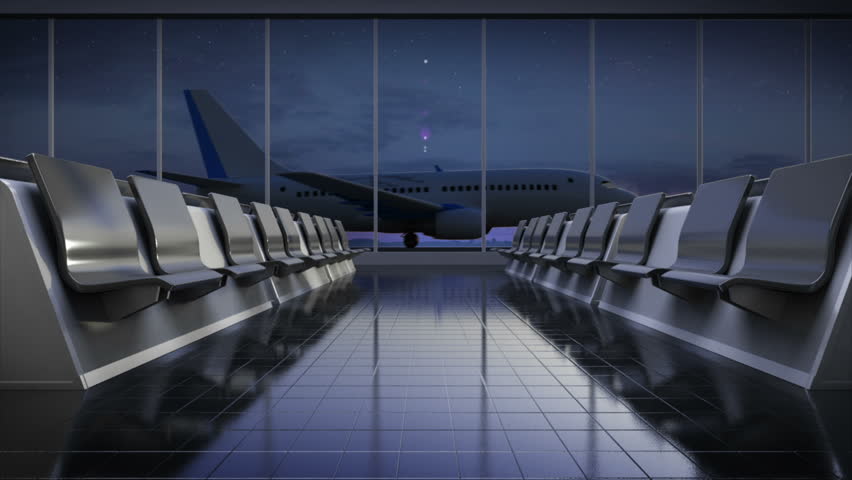 Departure airplane in flight waiting hall. lounge. night. moving camera.3D illustration,3D rendering. | Shutterstock HD Video #16896094