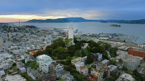 Aerial view of The Coit Tower. San Francisco, California. USA. Shot from helicopter.