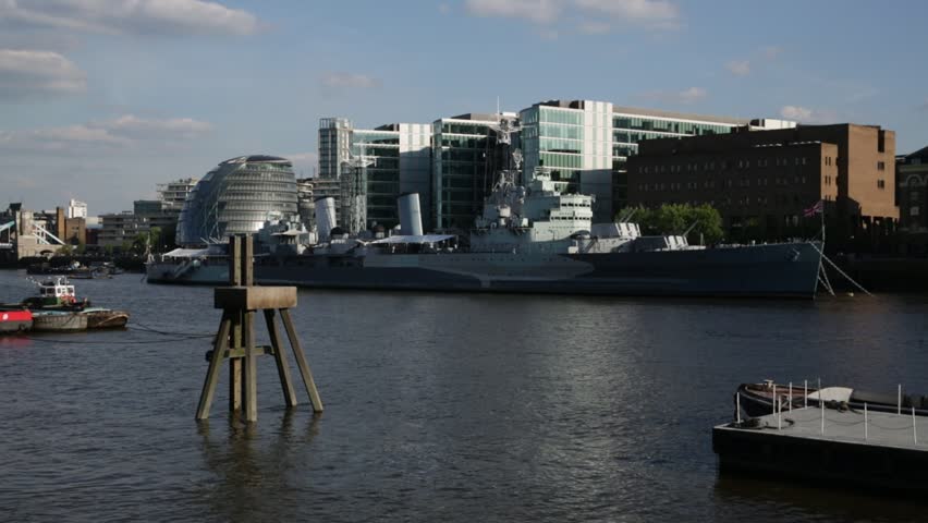 Military ship on Thames, London, England