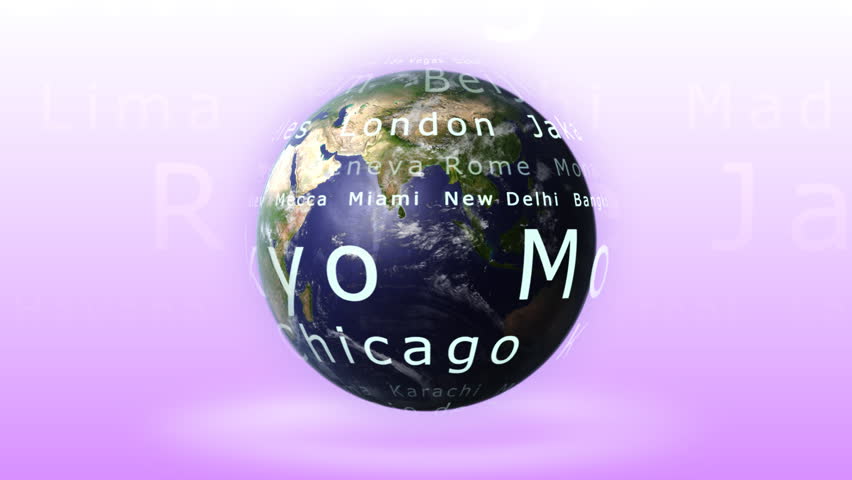 City names flying around rotating earth. This clip is seamless loop-able.