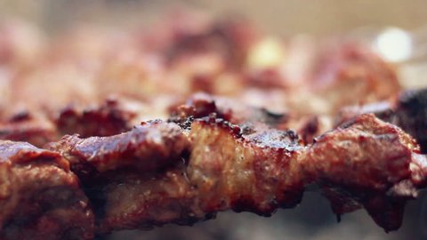 Meat on grill. Cooking shish kebab on skewers. Cooking pork meat on hot charcoal. Closeup of traditional picnic dish. Grilling meat on wood coal