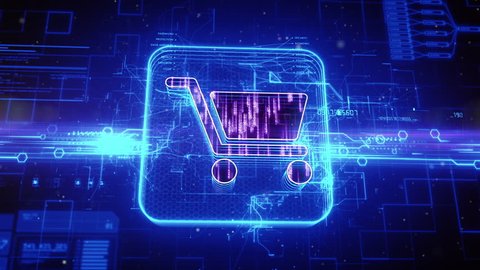 Abstract animation of shopping cart icon in digital cyberspace