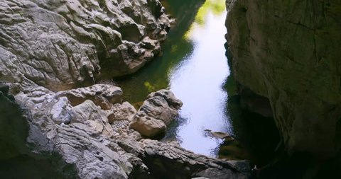 Cave river water underground nature. Natural waterfall inside stone rock. Beautifull mountain travel landscape background. National geology park in Slovenia, Skocjan. Dark cavern stream adventure view