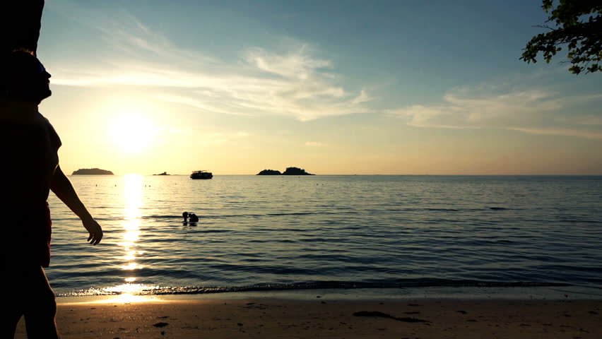 Handsome man walking on the beach during sunset
