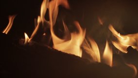 A night time close up, slow motion video of a small campfire. Embers can be seen as flames slowly lick the wood and fuel, lighting the scene around the fire
