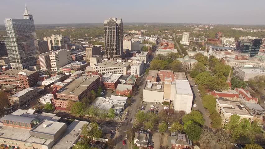 Stationary aerial footage overlooking downtown Raleigh, NC.