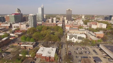 Aerial footage approaching downtown Raleigh, NC on a spring morning.
