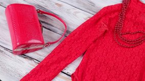 Red top and glossy shoes. Bead necklace and handbag. Woman's attractive spring garment. Designer purse on store showcase. - Powered by Shutterstock - Get 15% off with code: PIKWIZARD15
