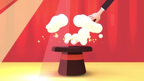 3d rendering cartoon magician making magic spell with magic wand. Comic toon explosion and smoke fx. Ideal motion graphic animation for logo revealer, film intro and video opener.