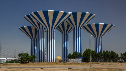 Blue and white water towers in Kuwait timelapse hyperlapse, Middle East