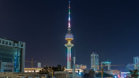The Liberation Tower timelapse hyperlapse in Kuwait City illuminated at night. Kuwait, Middle East Stockvideo