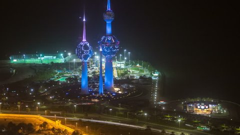 The Kuwait Towers night timelapse - the best known landmark of Kuwait City. Kuwait, Middle East