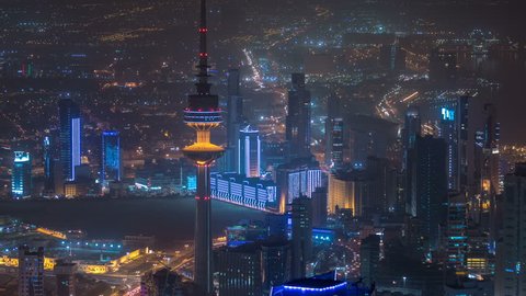 Top view of The Liberation Tower timelapse in Kuwait City illuminated at night. Kuwait, Middle East