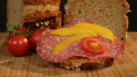 German bread: Dolly around german spelt bread with salami 4k 11792
