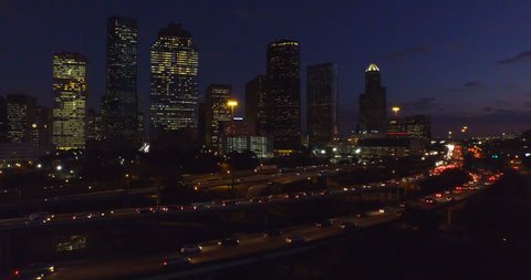 Aerial video of the Houston skyline at night.