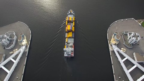 Aerial view of container ship in the gulf of Finland