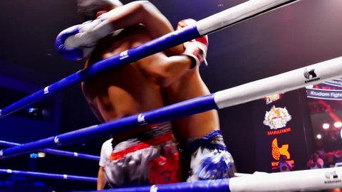 BANGKOK -FEBRUARY 6: Pechsiam K. with Vigo H. in Krudam Fight #4 on Muaythai Day (Thai boxing) at Asia Tique on February 6, 2016 in Bangkok, Thailand.