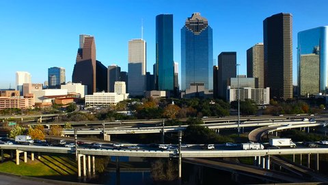 Drone view of Houston skyline from the West.