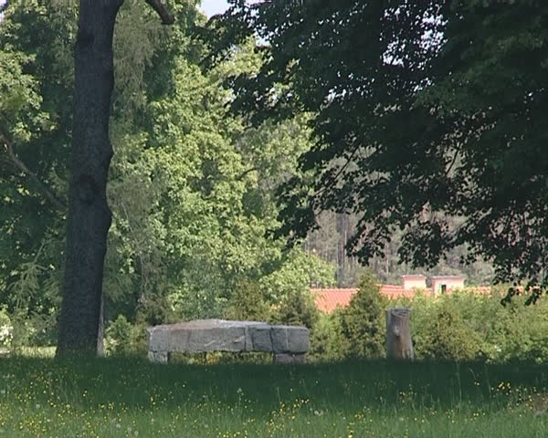 Natural park fragment with sculpture made of stone and old house roof in distance. 