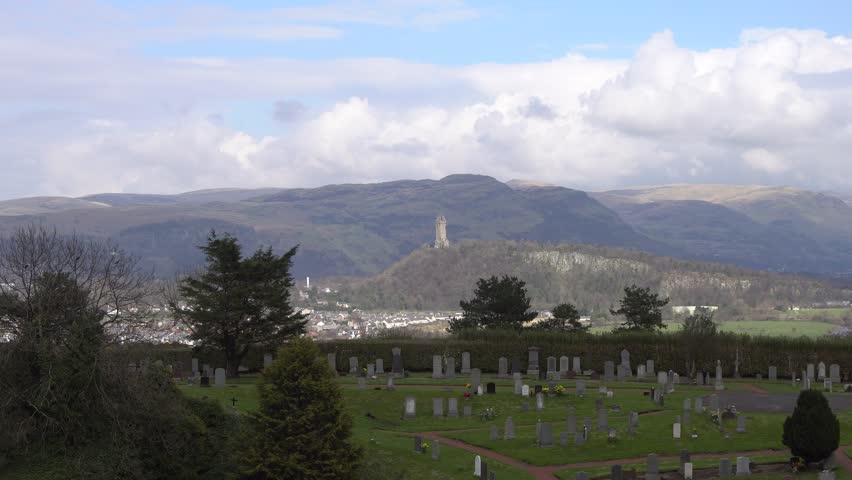 The Wallace Monument (The National Wallace Monument) on the summit of Abbey Craig hill, Stirling, Scotland. Seen from Stirling Castle. It commemorates Sir William Wallace, a 13th-century Scottish hero