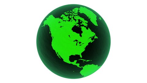 3D Rotating glossy green glass earth-globe rendered on white background. 4k, loopable. 