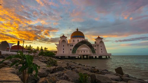 Beautiful Sunrise Over The Straits Mosque (Masjid Selat) at Malacca, Malaysia.
One of Malacca's tourist attraction, the mosque was designed to appear floating above water during high tide.
