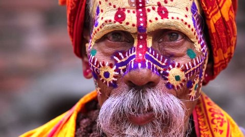 Portrait of sadhu, or holy man in the Pashupatinath temple complex in Kathmandu, Nepal. 