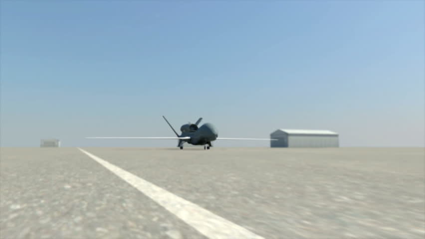 An American, RQ-4 Global Hawk unmanned drone, taking off on a surveillance