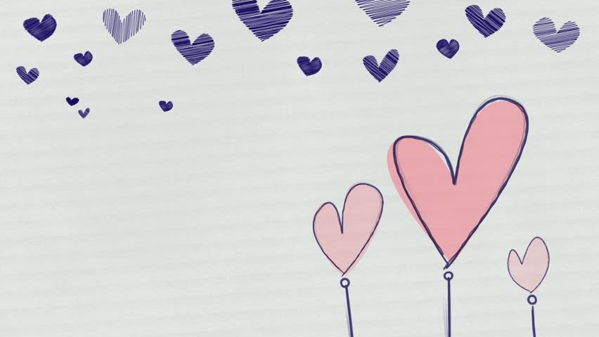 Computer generated animation of hand drawn hearts on notepaper. High definition