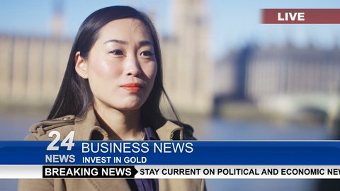 4K Businesswoman or politician giving live interview to reporter in London UK - April, 2016