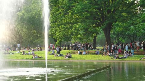 Tokyo - May 2016: Pople gathering in Yoyogi park on a sunday afternoon by the lake with fountain. 4K resolution