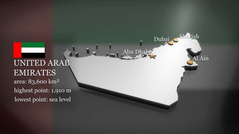 Seamless looping 3D animation of the map of the United Arab Emirates including 2 versions and alpha matte